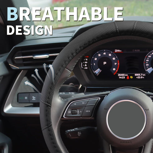 Leather Steering Wheel Cover, Car Steering Wheel Cover, Microfiber Leather Covers Breathable Anti-Slip Odorless Universal Fit 14.5-15 inches - Bla...