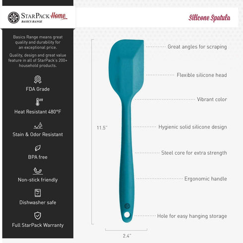 StarPack Basics Silicone Spatula (11.5"), High Heat Resistant to 480°F, Hygienic One Piece Design, Non Stick Rubber Cooking Utensil (Teal Blue)...