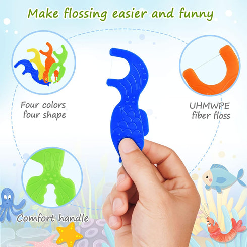 Kids Flossers, Kids Dental Floss Picks without Fluoride, Unflavored, 4 Colors Ocean Animals Shaped Makes Flossing Fun, 50 Count (Pack of 4)...