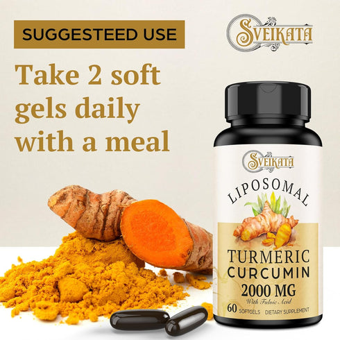 Liposomal Turmeric Curcumin Supplement 2000mg, 95% Standardized Curcuminoid Extract & Organic Root Powder with Piperine Black Pepper Fruit (15mg),...