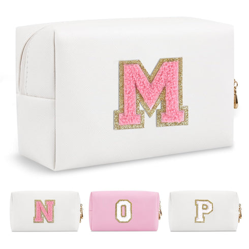 Personalized Makeup Bag Initial A-Z Preppy Patch Bag,Small PU Leather Travel Cosmetic Bag Pouch with Zipper,White Cute Toiletry Bag,Gift Ideal for...