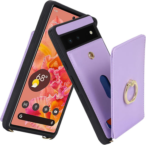 for Google Pixel 6 Case with Card Holder and Strap for Women,Crossbody Lanyard,Ring Stand,Snap Clasp,Phone Wallet Cases 6.4 inch(Purple)......