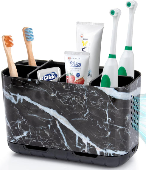 Boperzi Black Toothbrush Holder for Bathroom Toothpaste Organizer Countertop, Detachable Anti-slip Marble Toothpaste Storage Caddy 6 Slots with Dr...