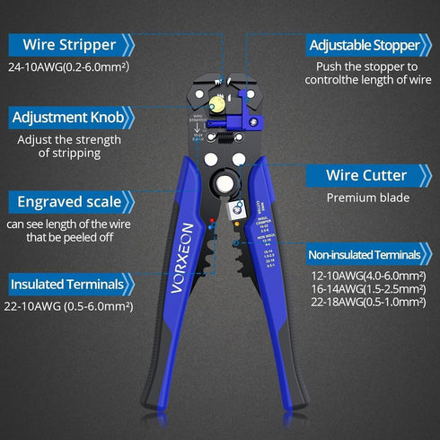 Self Adjusting Wire Stripper 3-in-1 Wire Stripper/Cutter/Crimper 12 Inches Suitable for 10 AWG to 24 AWG wire, 0.2 to 6mm², For Computer, Applianc...