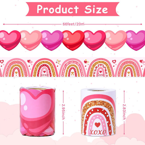 2 Rolls 66ft Valentines Day Bulletin Board Borders Pink Red Love Heart Boho Rainbow Decorations Paper Border Trim for Classroom School Blackboard ...