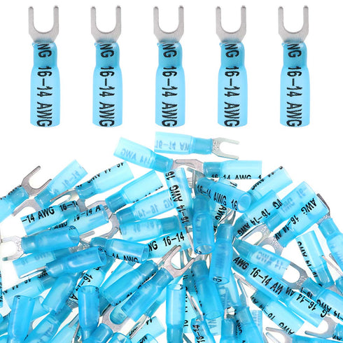 Glarks 50pcs 16-14 Gauge #10 Heat Shrink Fork Connectors Electrical Insulated Fork Crimp Terminals Connectors Assortment Kit (Blue)...