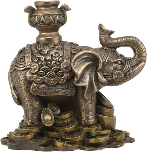 Ebros Small Feng Shui Auspicious Elephant Carrying Wealth Pot With Trunk Up Standing On Golden Coins Ingots And Nuggets Statue 4.25"Long Home Deco...
