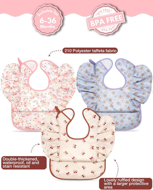 Lictin Baby Bibs for Girls Waterproof - 3 Pack Mess Proof Bib, Oil-proof Toddler Feeding Bib with Adjustable Closure, Baby Bibs for Eating 6-36 Mo...