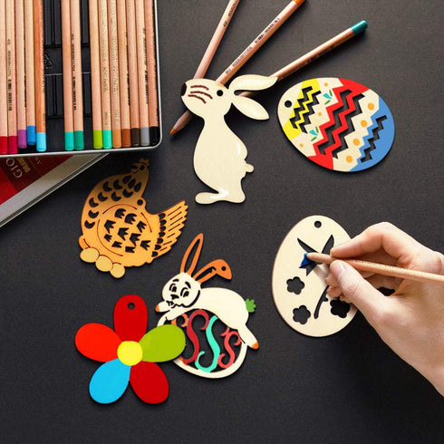 Wooden Eggs 48 Pieces Easter Crafts Wooden Ornaments Unfinished Crafts Hanging Embellishments for Party Supplies DIY Decor Valentines Day Cards fo...