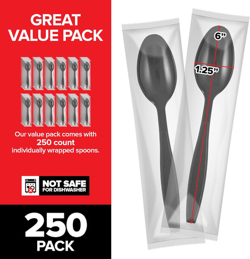Stock Your Home Individually Wrapped Spoons, 250 Count Heavyweight Plastic Spoons, Plasticware Disposable Spoons Bulk Pack, Individual Wrapped Spo...