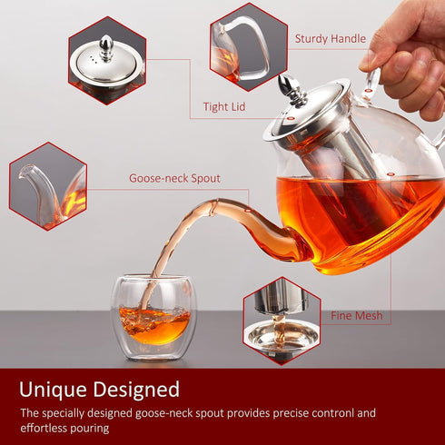 Glass Teapot, 40oz/1200mL Glass Kettle with Removable Stainless Steel Infuser for Blooming Tea & Loose Leaf Tea, Gooseneck Tea Pot, Gift Box for T...