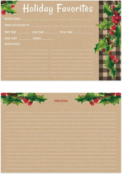 Kraft Look Holiday Favorites Recipe Cards / 50 Rustic Faux Kraft Christmas Recipe Card Pack / 4" x 6" Flat Double Sided Vintage Design Baking Dire...