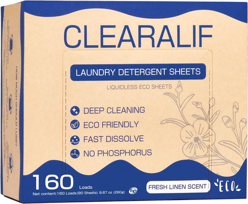 CLEARALIF Laundry Detergent Sheets Up to 160 Loads, Fresh Linen - Great For Travel,Apartments, Dorms,Laundry Detergent Strips Eco Friendly & Hypoa...