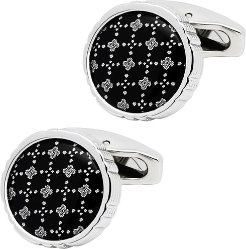 Round Black Cufflinks with Floral Patterns for Men Lady In Gift Case Classic Silver Tone Men's Cufflinks Jewelry Set for Wedding Anniversary Busin...