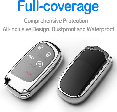 Compatible with Jeep Key Fob Cover with Leather Keychain Soft TPU Protection Key Case for Grand Cherokee Renegade Chrysler 200 300 Dodge RAM Duran...