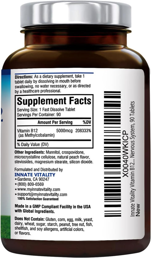 Innate Vitality Vitamin B12 5000mcg, Vegan Methylcobalamin, Fast Dissolve Tablets, Natural Peach Flavor, Supports Energy Production & Healthy Nerv...