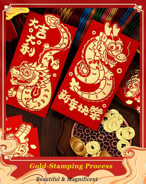 24PCS Chinese New Year Money Envelopes, Lucky Red Envelopes with Gold Foil, 2024 Dragon Year Red Pocket for Kids Adults, Chinese Spring Festival R...
