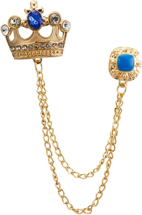 AN KINGPiiN Men's Golden Crown with Blue Stone and Hanging Chain Brooch Lapel Pin...