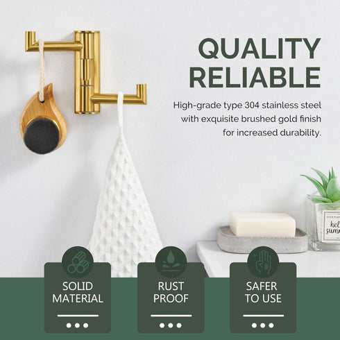 Angle Simple 3 Arms Towel Hook Brushed Gold, 304 Stainless Steel Swivel Triple Towel Holder, Folding Bathroom Hook, Wall Mount...