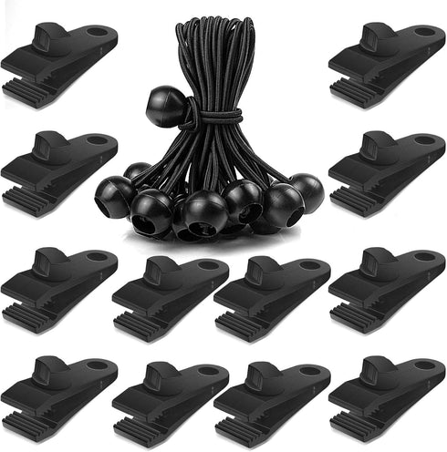 24 Pcs Tarp Clips and Ball Bungee Cords -Tarp Clamps Heavy Duty Lock Grip Tent Pool Awning Fasteners Clips with 6 Inch Bungee Ball Cords for Outdo...