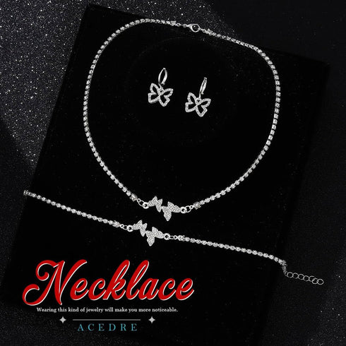 Rhinestone Butterfly Jewelry Set Silver Sparkly Crystal Necklace Chain with Bracelets and Earrings for Women(3PCS)...