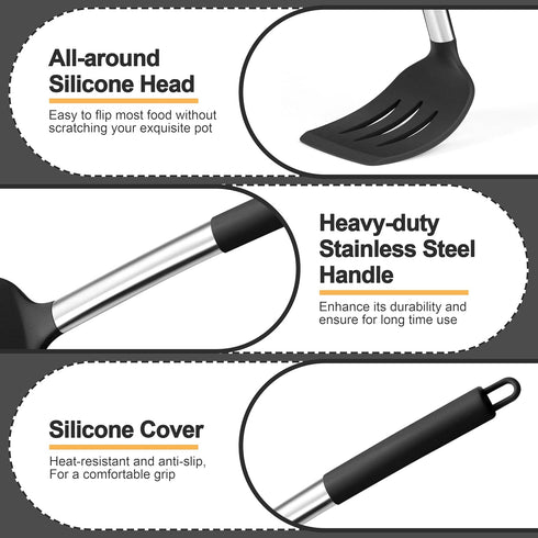 P&P CHEF Black Kitchen Cooking Utensil Set of 4, Silicone Solid Spatulas Slotted Spoons Turners for Non-stick Cookware Flipping Mixing, Heat-proof...