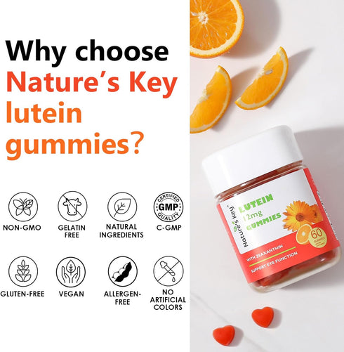 Nature's Key Lutein Gummies 12mg with Zeaxanthin & Vitamin A for Kids and Adults | Eye Health and Brain Function Supplement | Orange Flavor, 60Ct...
