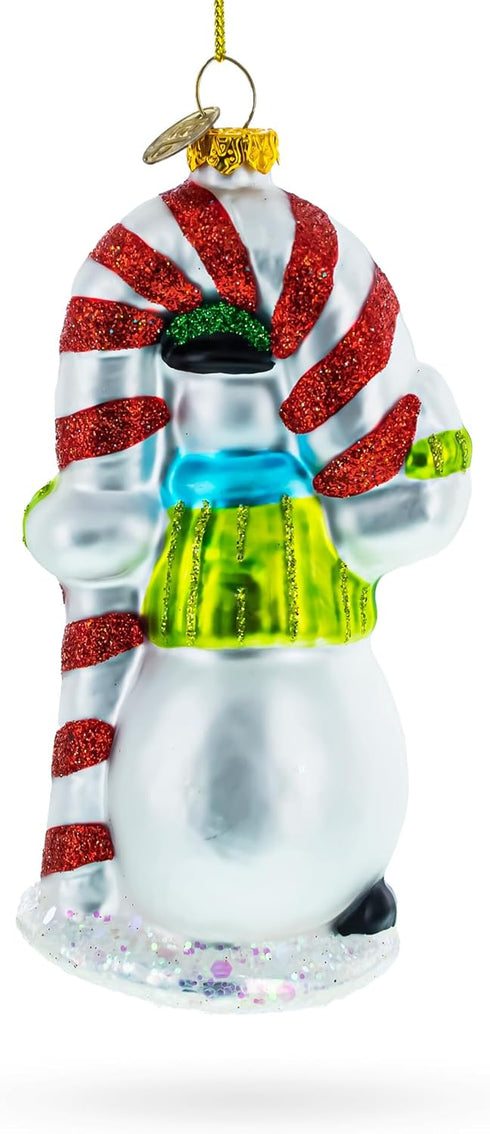 Snowman with The Mint Candy Cane Glass Christmas Ornament...