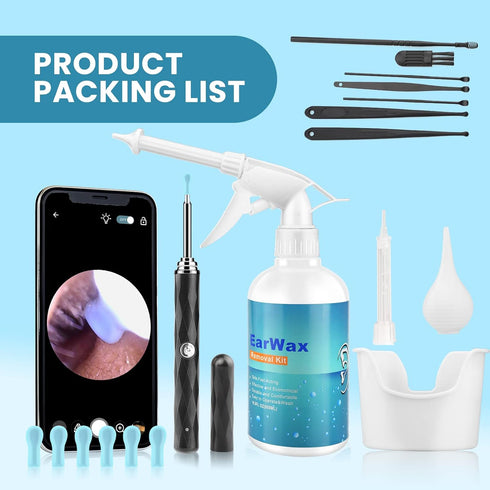 HD Visible Battery Powered Ear Wax Removal Kit, IP67 1080P Camera 6 LED Lights, Ear Irrigation Flushing System with Basin, WIFI Connection Mobile ...