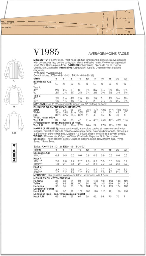 Vogue Misses' Semi-Fitted Tops Sewing Pattern Packet, Sizes 4-6-8-10-12, Multicolor...