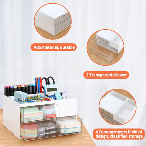 LETURE Office Desk Organizer with 2 Drawers and 4 Compartments, Plastic Desktop Stationary Organizer Storage, Pen/Pencil/Business Card/Sticky Note...