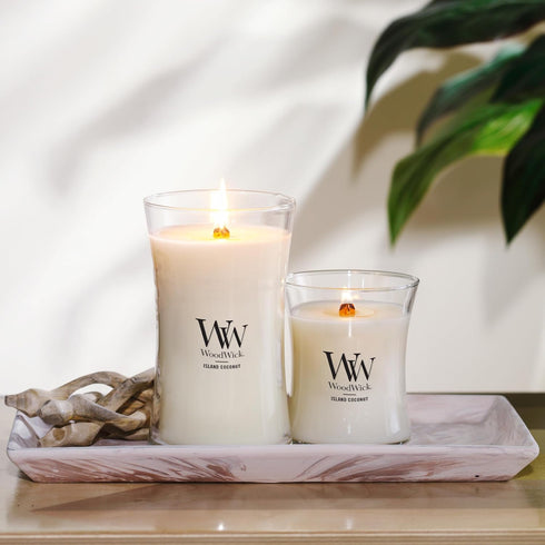 WoodWick Medium Hourglass Candle White Teak - Premium Soy Blend Wax Pluswick Innovation Wood Wick Made in USA...