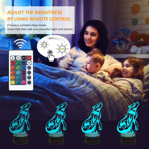FULLOSUN Wolf Gifts, 3D Night Light for Kids Optical Illusion Lamp Co-Sleeping,Remote Controller with 16 Color Changing Birthday Gifts & for Kids,...