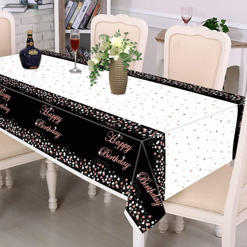 3 Pack Black and Rose Gold Tablecloth Party Decorations - Plastic Disposable Birthday Tablecloth, Black and Rose Gold Confetti Rectangle Table Cov...