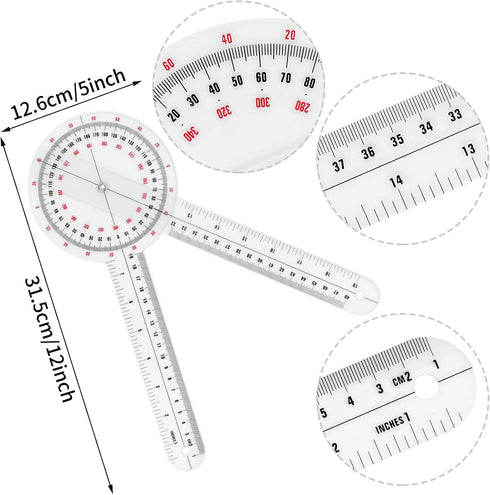 Prasacco 12 Inch Goniometer, Transparent Orthopedic Angle Ruler Plastic Goniometer 360 Degree Goniometer Angle Protractor Goniometer for Body Meas...