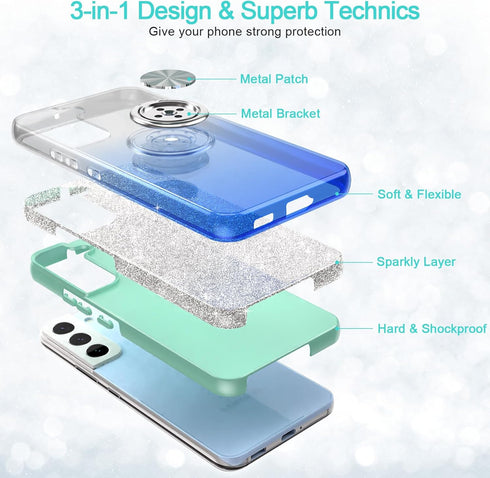 Galaxy S22 Case, Slim Fit Glitter Sparkly Case with 360°Ring Holder Kickstand Magnetic Car Mount Shock-Absorbent Protective Durable Cover for Gala...