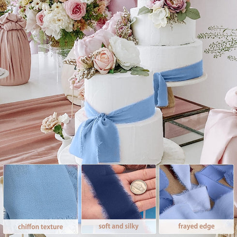 Chiffon Ribbon 6 Rolls Handmade Fringe Chiffon Silk Ribbon 1.5" x 3Yard Blue Ribbon Frayed Edges Boho Fabric Ribbon for Gift Wrapping Wedding Invi...