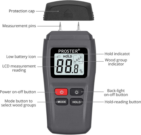 Proster Digital Moisture Meter for Wood with Backlight LCD Damp Tester Dampness Meter for Wood & Battery, Building Materials, and Replacement Elec...