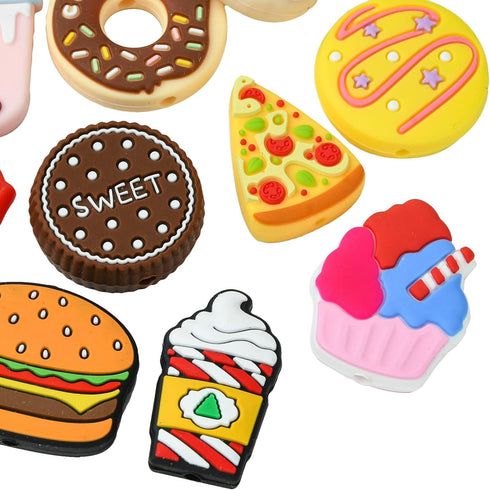 KitBeads 10pcs Silicone Food Beads Mixed Styles Cookie Pizza Donut Beads Rubber Burger Food Focal Beads for Jewelry Making Keychain Bulk...