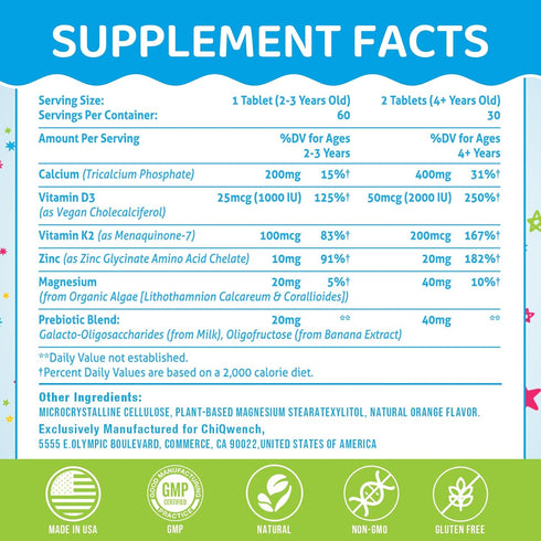 500 MG Calcium Supplement with Vitamin D3 & K2, Zinc, Magnesium & Prebiotics. Kids Vitamins for Kids' Height. Bone Strength, High Absorption, Oran...