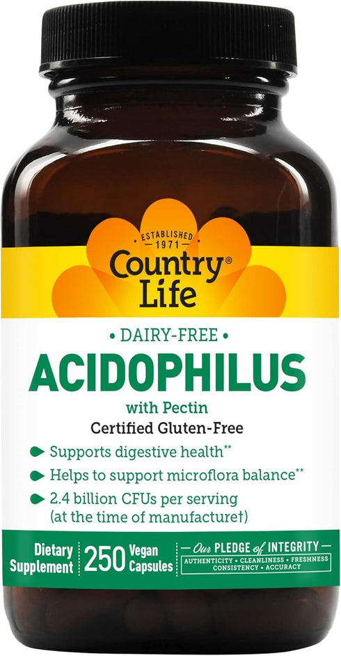 Country Life Dairy-Free Acidophilus with Pectin, 2.4 Billion CFUs, 250 Vegan Capsules, Certified Gluten Free, Certified Vegan...