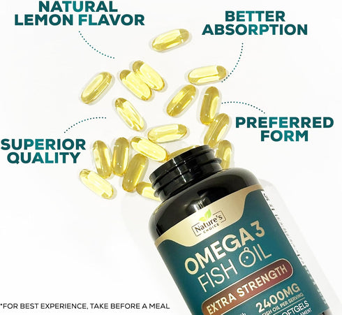 Triple Strength Omega 3 Fish Oil 2400 mg Supplement, Nature's Omega-3 Supplements, Brain & Heart Health Support - EPA & DHA, Fish Oil in Each Soft...