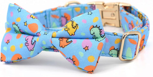 Dog Collar with Bow, Blue Dinosaur Bowtie Dog Collar, Adjustable Pet Gift Collars for Small Medium Large Dogs...