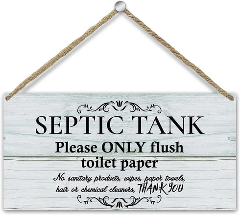 10 Inch by 5 Inch Decor Bathroom Door Hanging Wooden Signs, Rustic Bathroom Septic Tank Only Flush Toilet Paper Sign, Restroom Decor Wall Art Sign...