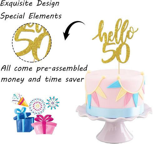 Hello 50 Cake Topper - 50th Birthday / 50th Anniversary Party Cake Decoration, 50th Birthday / 50th Anniversary Party Decorations Supplies (Gold, ...