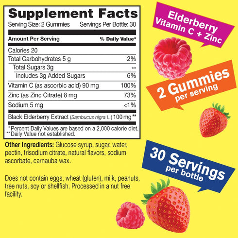 Elderberry Gummies with Vitamin C and Zinc - Antioxidant and Immune Support, Black elderberry Dietary Supplement for Men and Women - Non GMO, Vega...