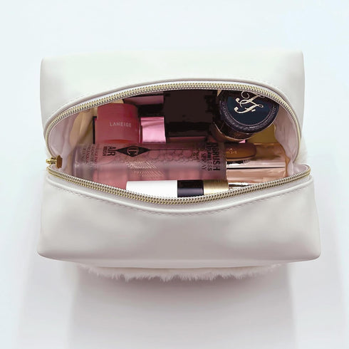 Fluffy Bottom Makeup Bag Organizer – Portable Toiletry Travel Case – Cute Cosmetic Bag for Woman & Girls – Waterproof Soft Vegan Leather Pouch – M...