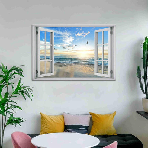 Beach Wall Decor Window View Posters Ocean Seagull Wall Art Nature Landscape Picture Posters Print on Canvas Painting Wall Art for Bedroom Bathroo...