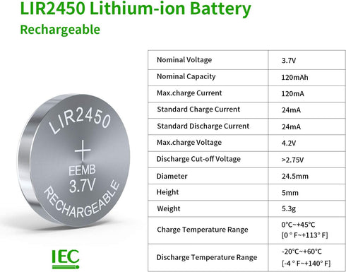 EEMB 10PCS LIR2450 Rechargeable Battery 3.7V Lithium-ion Coin Button Cell Batteries 120mAh...