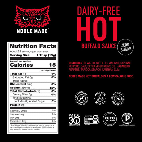 Noble Made Buffalo Sauce, Keto, Gluten Free, Vegan Dipping & Wing Sauce, Low Carb, Dairy Free, Low Calorie, Paleo, Low Sugar, and Whole30 Approved...
